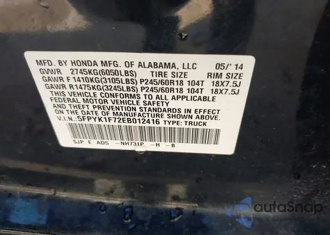 2014 Honda Ridgeline Sport z USA, uszkodzony, nr VIN 5FPYK1F72EB012416